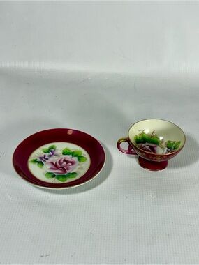 Vintage Shafford Japan Footed Teacup Saucer Burgundy Maroon Pink Rose Gold Gilt
